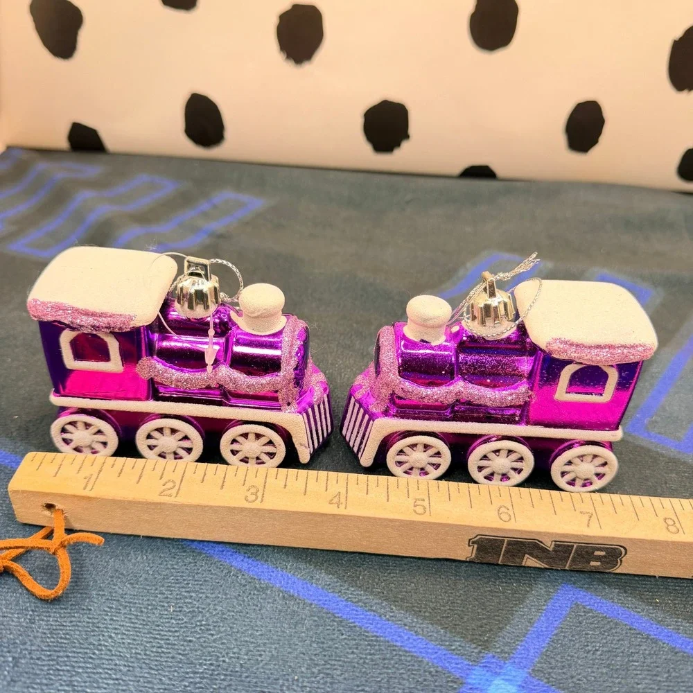 Purple Foil Christmas Train Ornaments Set of 2 Shiny Locomotive Decor 3.5